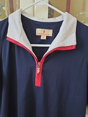 Sport Haley Navy Mesh Golf Top with White Collar and Red Trim